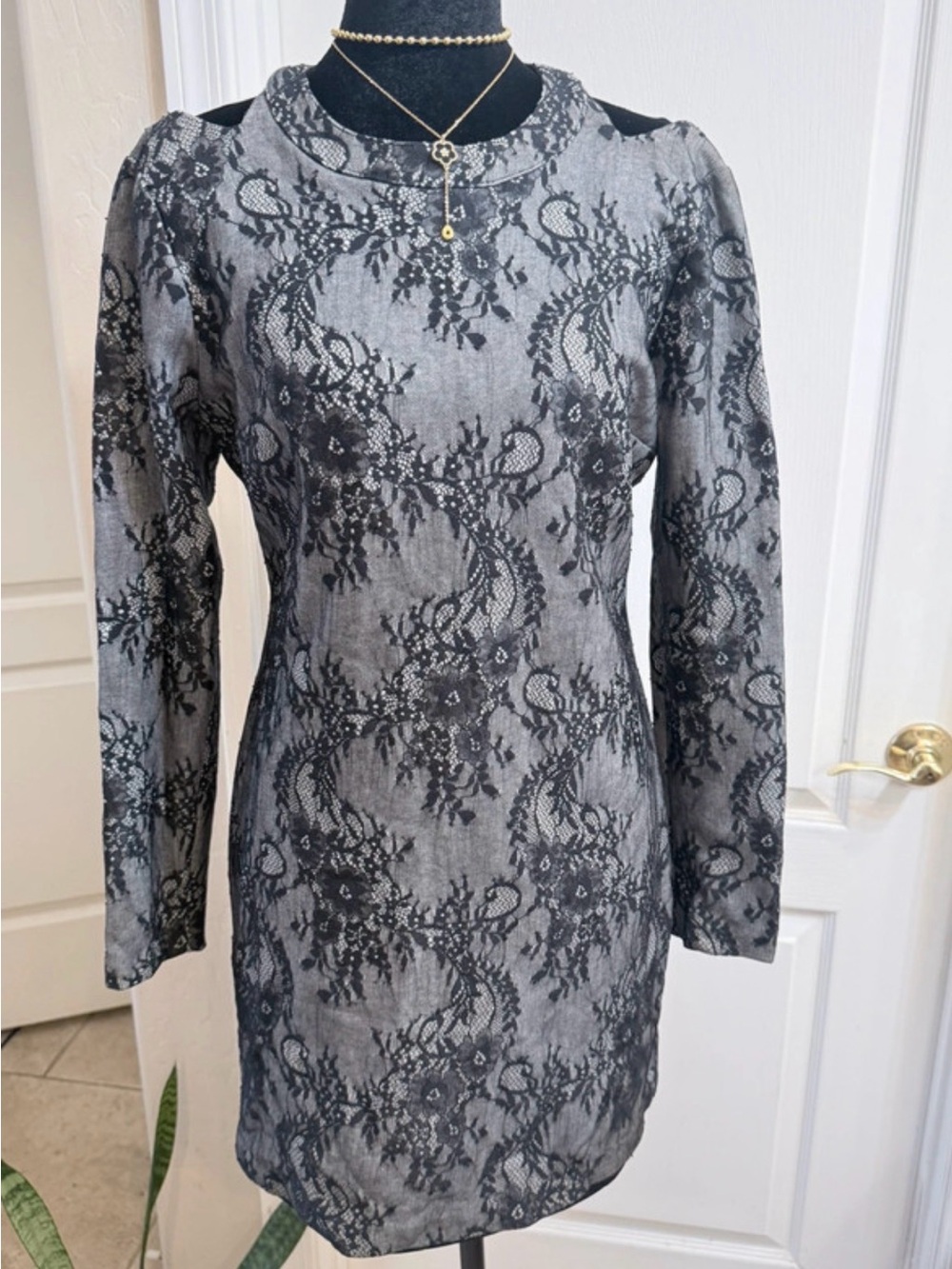 Tracy Reese Gray Dress with Black Lace Overlay